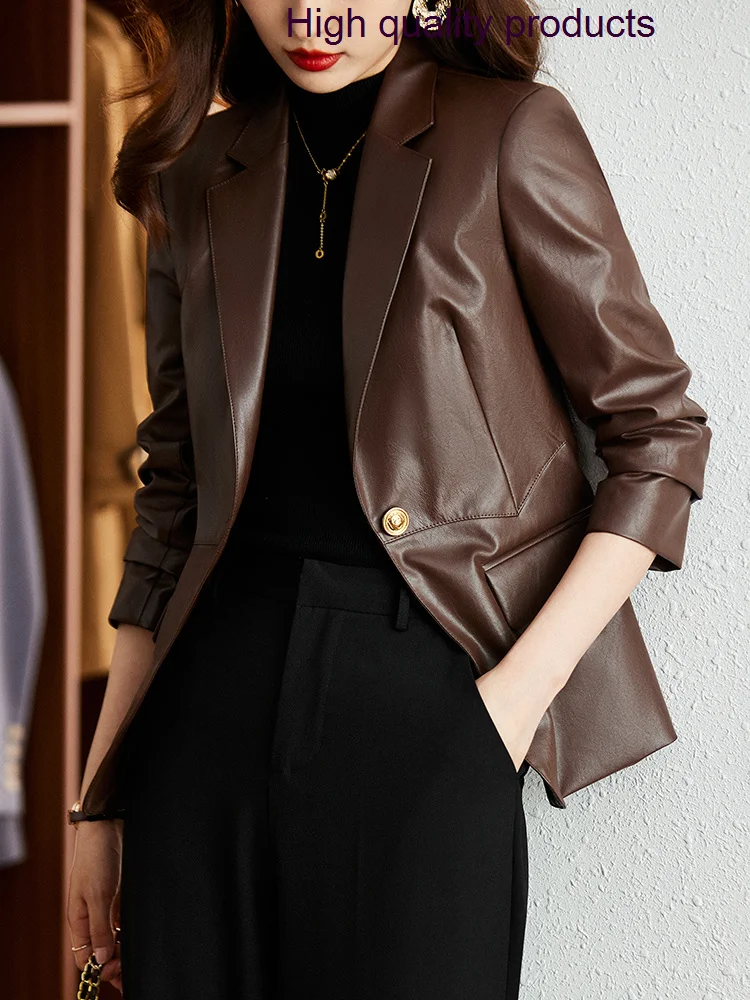 

Spring 2023 New Chic And Elegant Woman Coat High-Quality Fashion One Button Turndown Collar Women'S Leather Jacket Z310