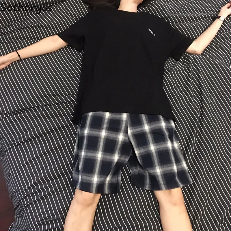 Пижамный комплект Женский в клетку с коротким рукавом и надписью |