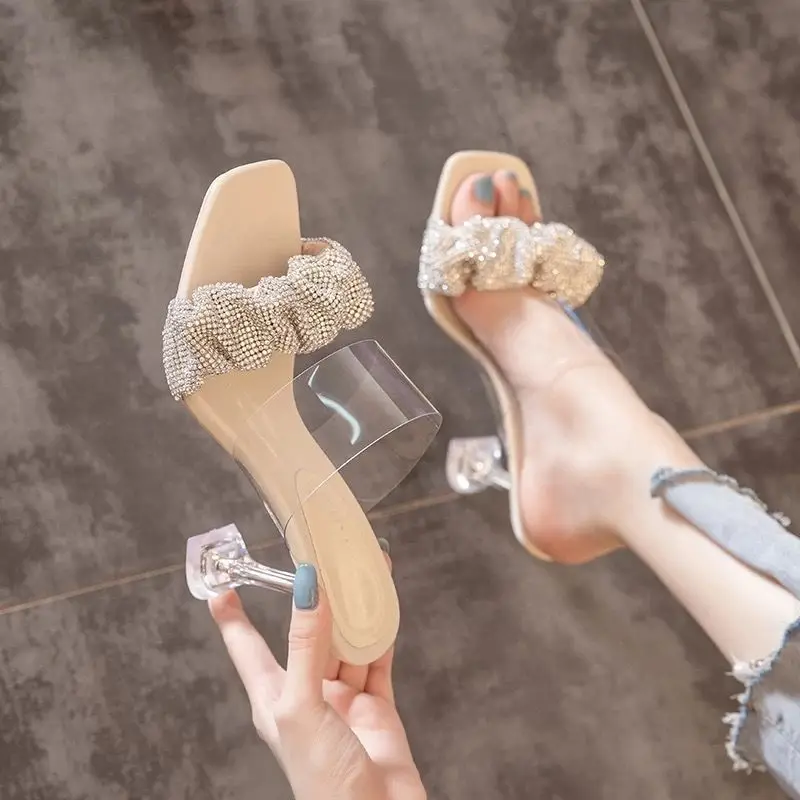 

Women's shoes 2022 summer new rhinestone open-toe high-heeled sandals women's thick heels fashion party net red tide 8.5cm
