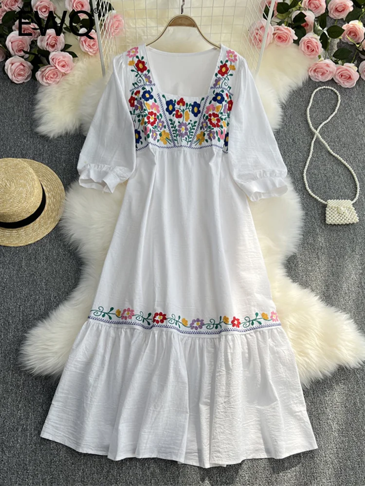

EWQ Sweet Style Y2K Vestidos 2023 Summer New Women's Dress Embroidery Lace-up Cotton And Linen High Waist Dresses 27SN1635