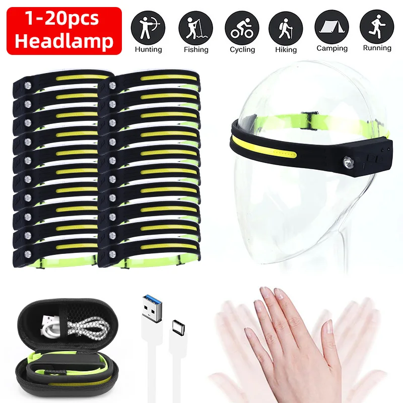 

1/20PCS COB LED Headlamp 4 Lighting Modes Head Light Outdoor Waterproof Headlight USB Rechargeable Work Torch Light For Fishing