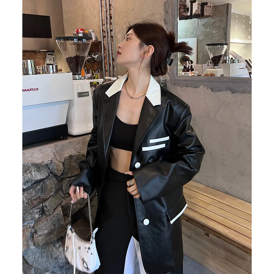 White and Women Black Leather Suit Jacket Fashion Casual PU Leather Coats Autumn 2023