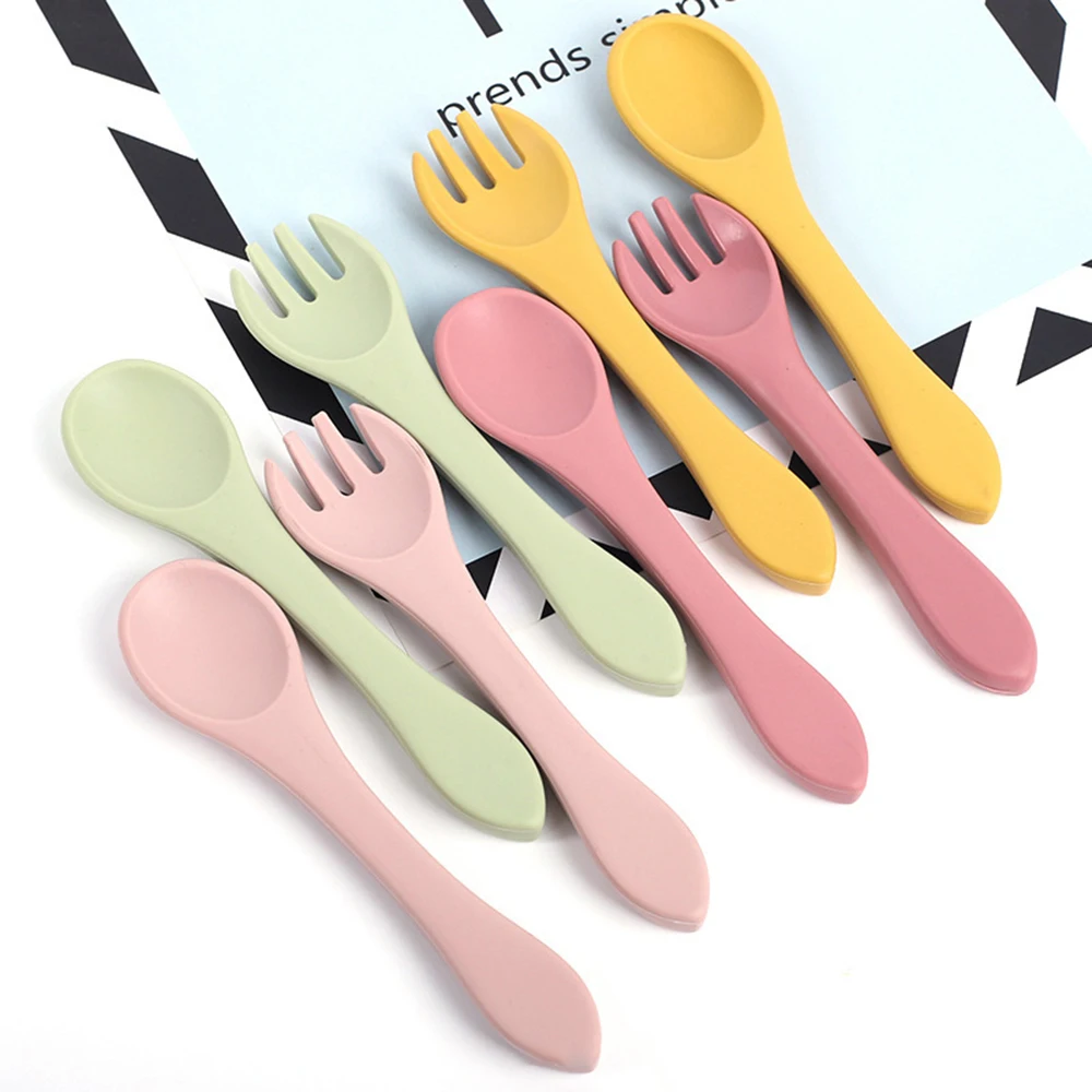 

Baby Feeding Spoon And Fork Set Food Grade Silicone Children Tableware Candy Color Safety Complementary Foods Dishes Accessories