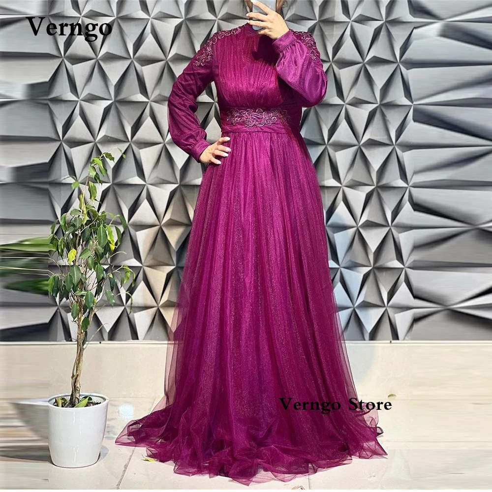 

Verngo Modest Silk Tulle Long Sleeves Evening Dresses High Neck Applique Dark Purple Beige Black Arabic Women Formal Prom Gowns