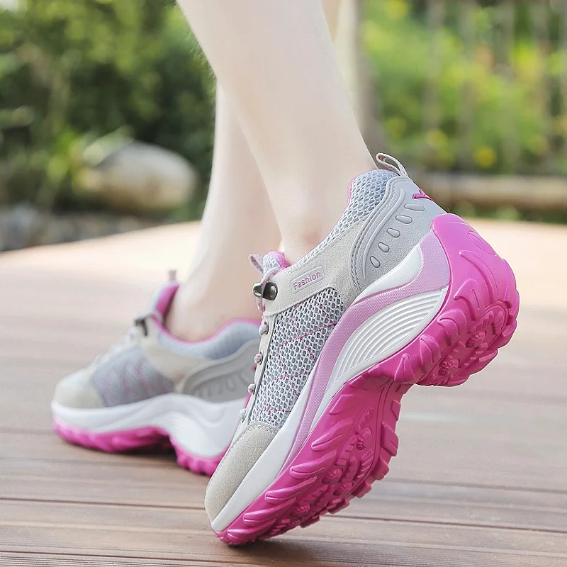 Women  Hiking Shoes Breathable Height Increasing Lace-up Climbing Sneakers Outdoor Trekking Shoes