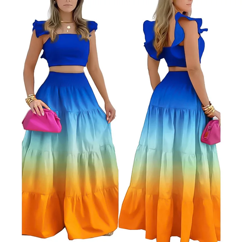 

Rainbow Gradient Two Piece Suit Summer Women Suit Elegant Ruffled Square Neck Sleeveless Tops Stacked Maxi Skirt 2 Piece Suit