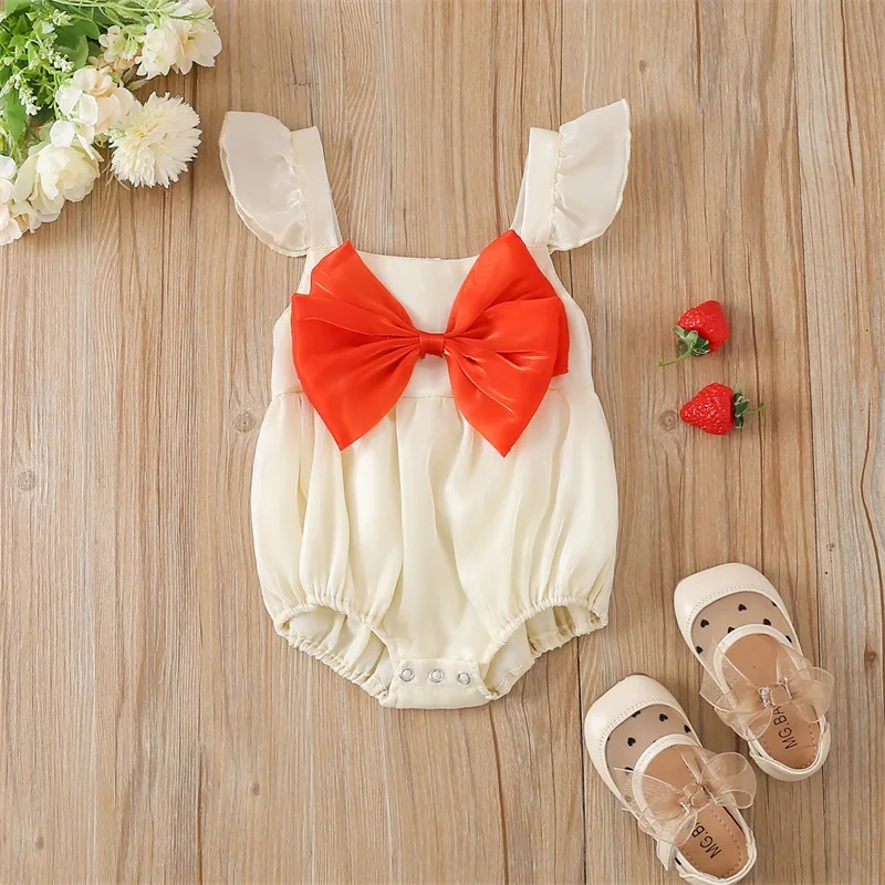 

Toddler Girls Summer Casual Romper Outfit Solid Color Flying Sleeve Playsuit Bodysuit Red Bowknot Decor Summer Clothes 0-18M