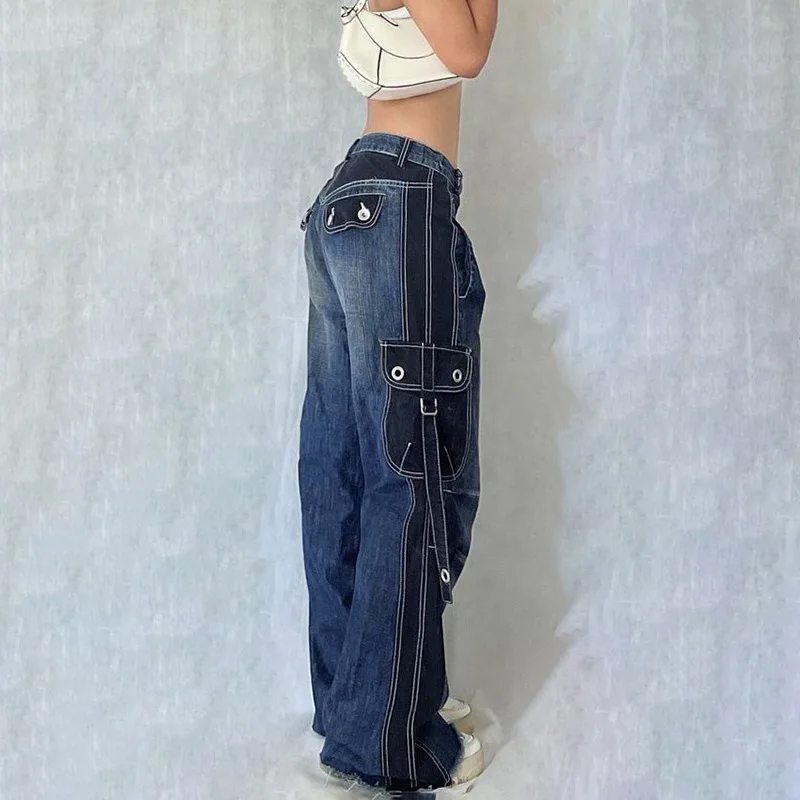 

Low Rise Jeans Vintage Women Lace Up Streetwear Parachute Palazzo Wide Leg Pants Y2k Ladies Retro Clothes