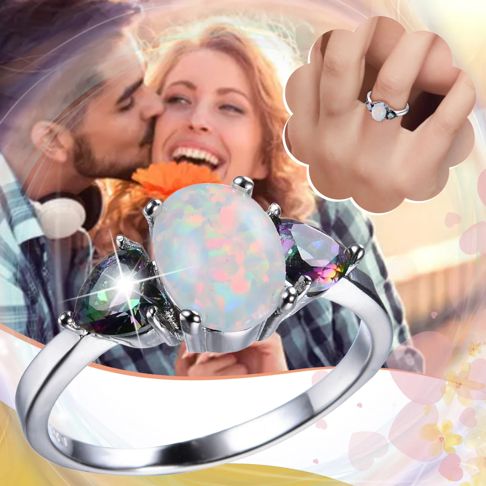 

Fashion Opal Double Heart Women's Ring Zirconia Engagement Ring Gold Rings