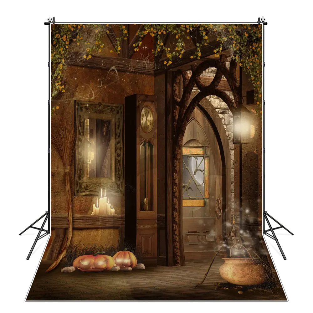 

Wooden Cabin Halloween Photography Backgrounds Kids Fairy Tale Magic Clock Hut Birthday Backdrops Photographic Portrait Props