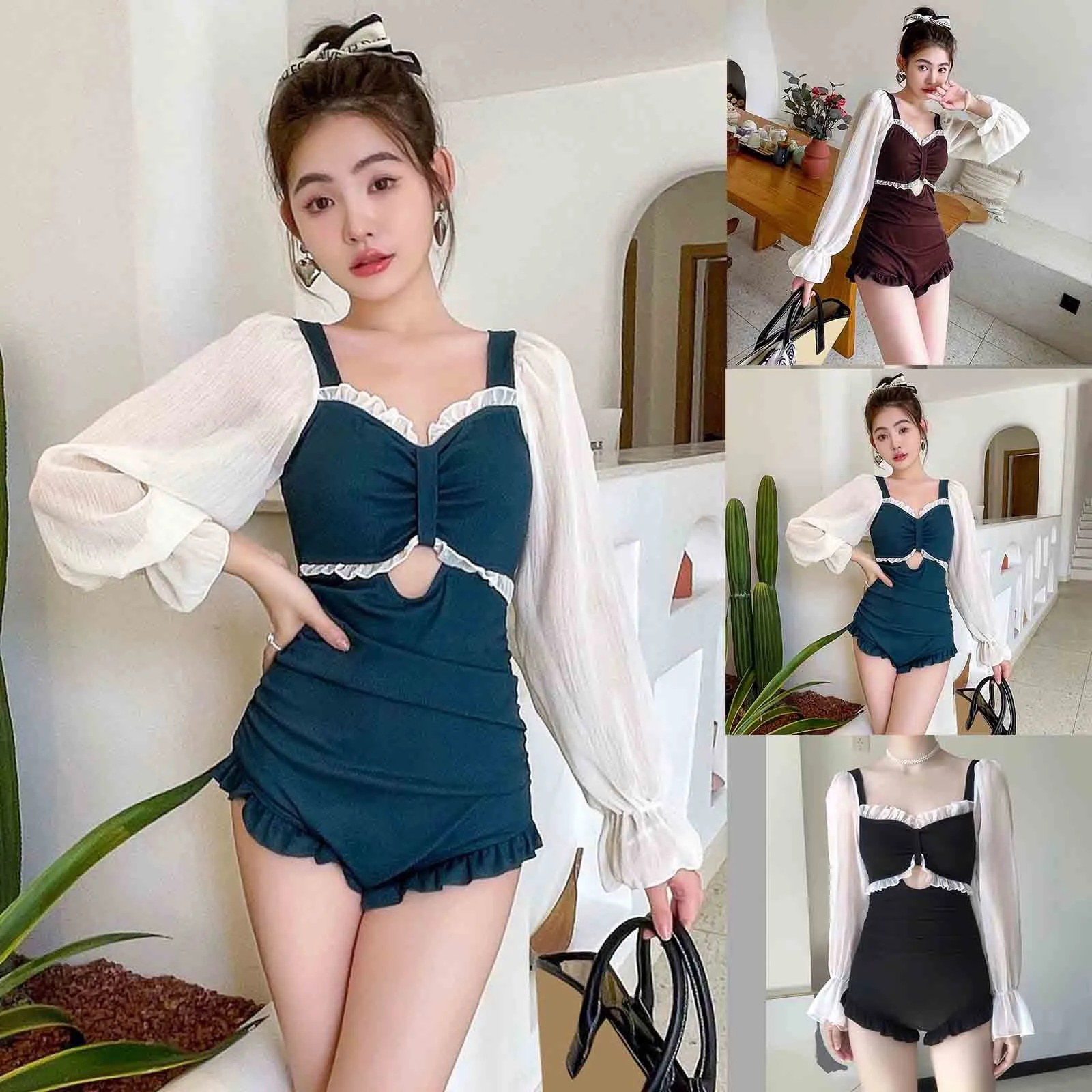 

Женский купальник, летний сексуальный консервативный купальник с маленькой грудью, собранный для демонстрации, облегающий купальник, черн...