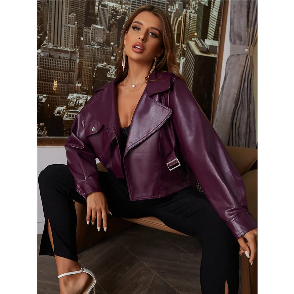 Fashion Autumn and Winter PU Chest Pocket Casual Long Sleeve Leather Women Jacket