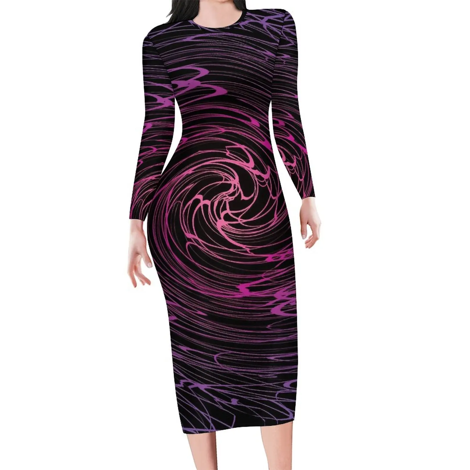 

Shallow Water Dress Long Sleeve Multi-Colored Spiral Street Style Dresses Spring Cute Bodycon Dress Lady Design Oversize Vestido