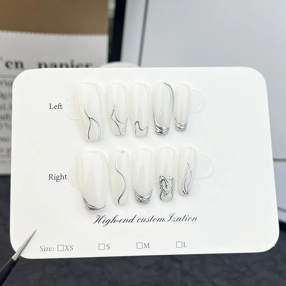 

MAGO Handmade Press on Full Cover Professional Nails cold style creamy silver line mid-length reusable finished fake nails