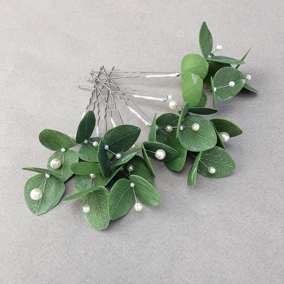 

Заколки для волос ручной работы, свадебные украшения, искусственные листья эвкалипта, свадебная зелень для волос в стиле бохо, свадебный набор жемчужин эвкалипта