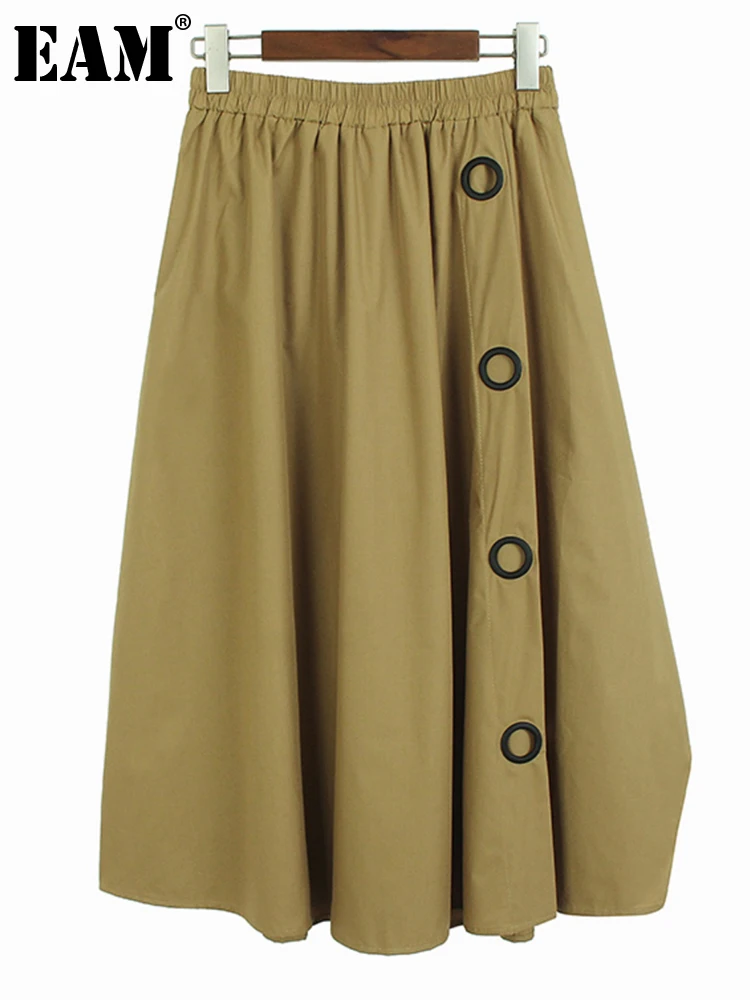 

[EAM] High Elastic Waist Khaki Circle Wide Leg Pants New Loose Fit Trousers Women Fashion Tide Spring Autumn 2023 1DH0415