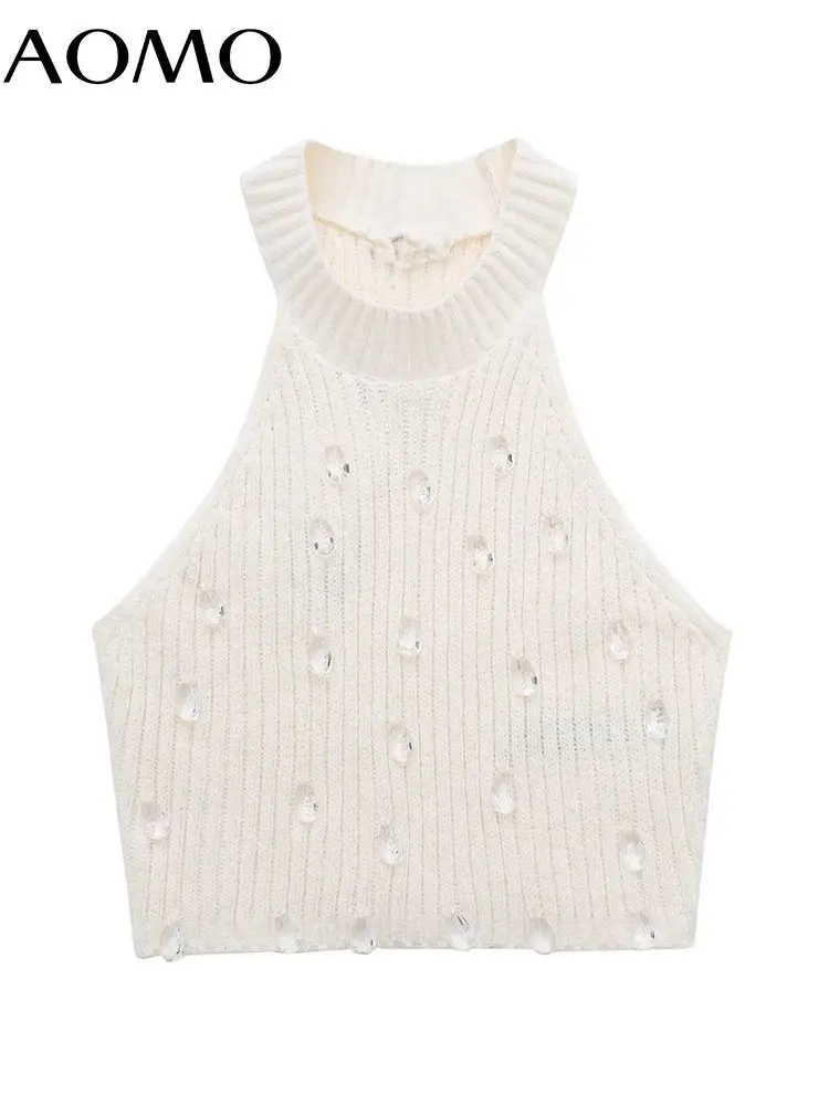 

AOMO Women 2022 Crystal Bead Cropped Knit Tank Tops Vintage Halter Neck Sleeveless Female Camis 3H564A