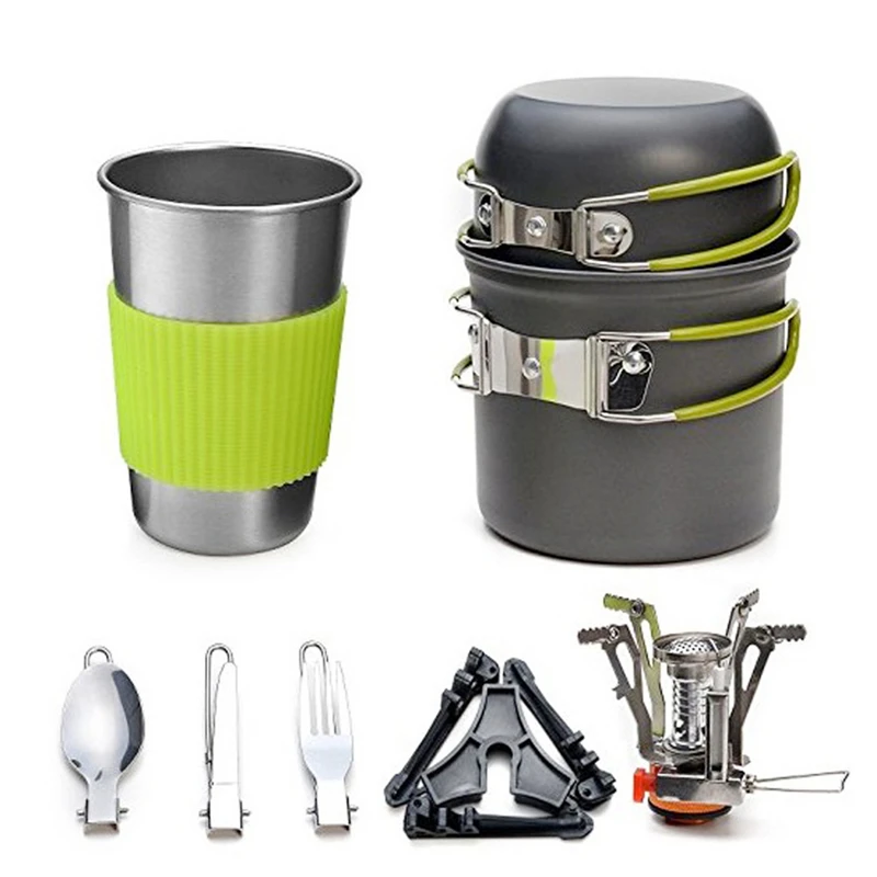 

Aluminum Alloy Outdoor Camping Trip Cookware Camping Pot Hiking Picnic Tourist Tableware Set With Folding Spoon Mini Gas Stove