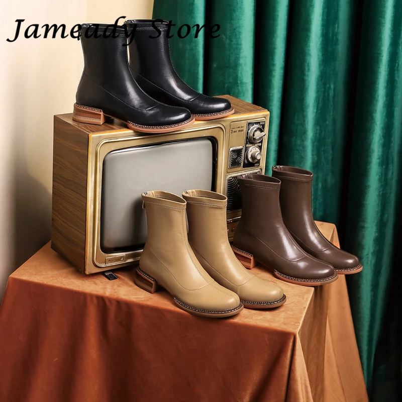 

Autumn Winter Chunky Retro Elastic Boots Women Round Toe Back Zipper Fashion Ankle Boots Platform Low Heel Botas Mujer
