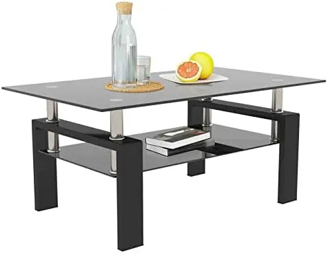 

Стеклянный журнальный столик-современный центральный кофейный столик с нижней полкой черные металлические ножки-подходит для гостиной (черный)
