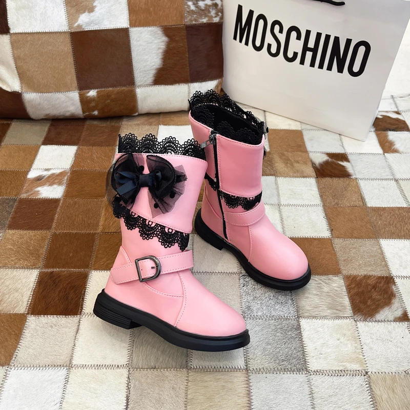 

2023 New Simple Girls Boots Lace Bow Buckle Sweet Princess Boots Simple Non-slip Round-toe Kids Fashion Boots Side Zipper Flat