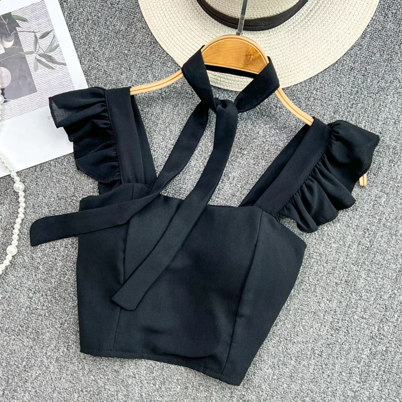 

Women Butterfly Crop Tops Sweet Summer Backless Crop Tops Strapless Ruffled French Elastic Waist Tank Tops Slim Suspender Vest