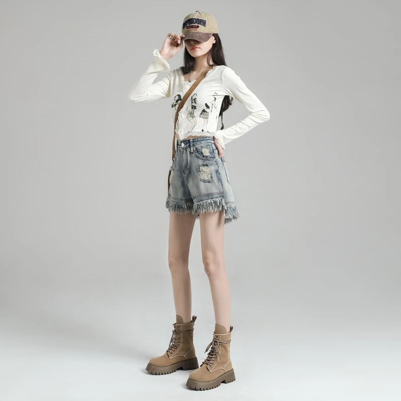 Fashion Hole Denim Shorts Women Summer High Waist a Word Type 2023 Loose Show Thin Fringe Hair Edge Wide Leg Pants Ins Tide