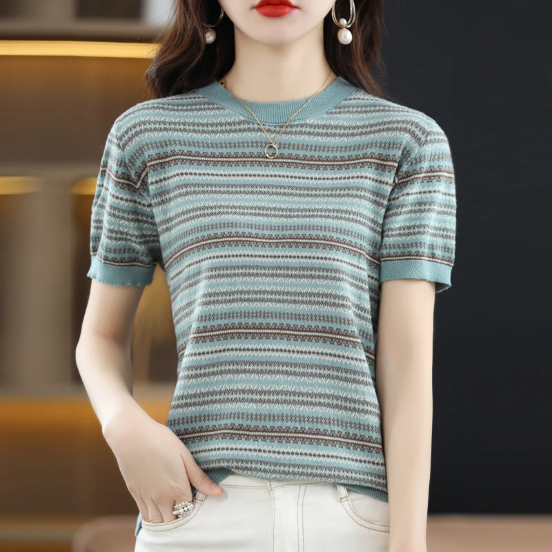 

National Style Pure Cotton Short-Sleeved Women's T-Shirt 2022 Summer Striped O Neck Loose Knitted T-Shirt Thin Cotton Linen Top