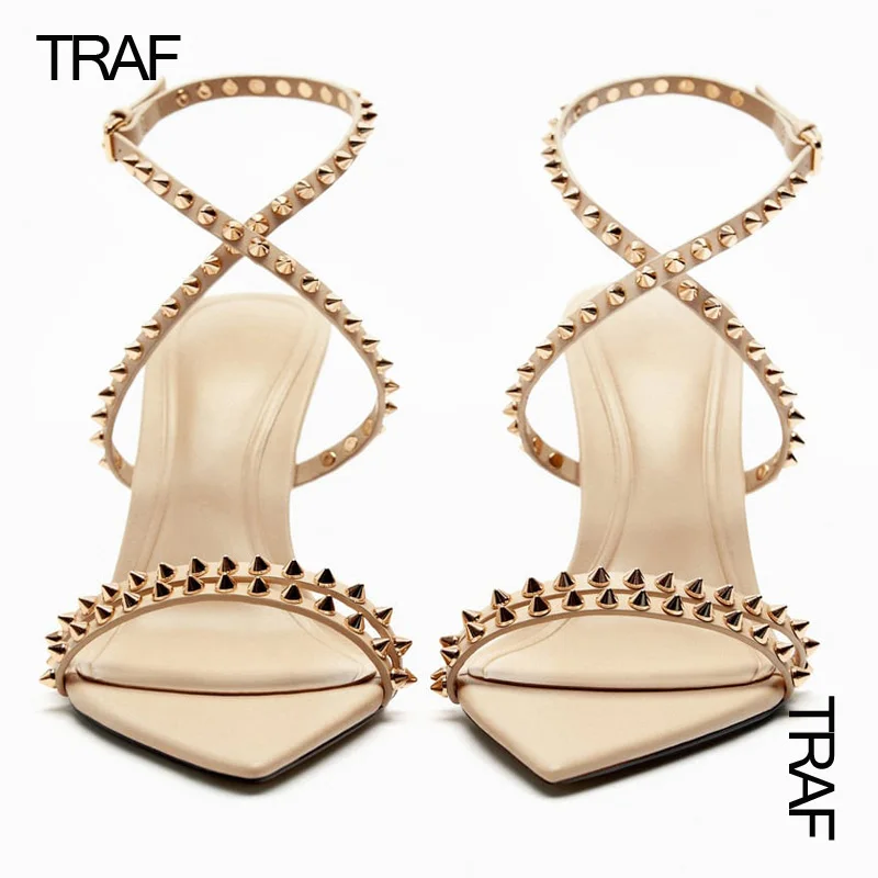 TRAF Women's Rivet Heeled Sandals Summer 2023 Woman Pumps Stiletto Rhinestone Slingback High Heels Sandals Pointed toe Sandals