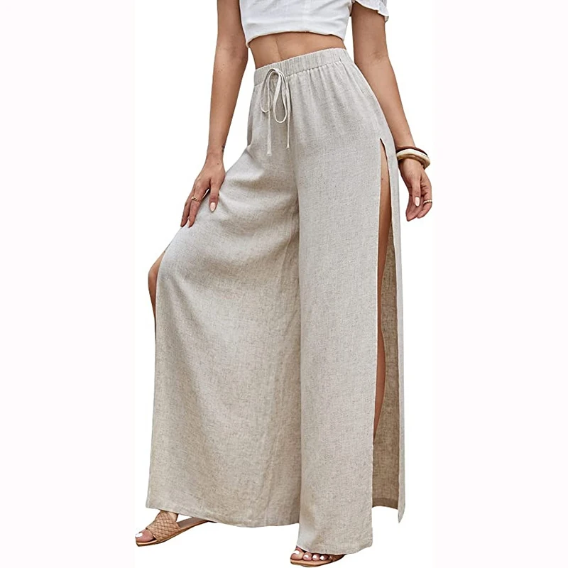 

Новинка 2023, длинные брюки на шнуровке, однотонные прямые модные элегантные свободные повседневные Простые вентилируемые брюки с разрезом, одежда для плавания