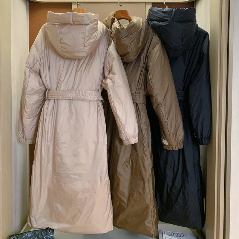 European and American high-end mid-length belt down jacket women's 2022 winter new temperament hooded white duck down jacket