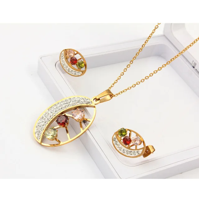 

Stainless Steel Jewelry Sets Women Multicolor Crystal Fashion Indian Women Jewelry Acessories Necklace and Earring set