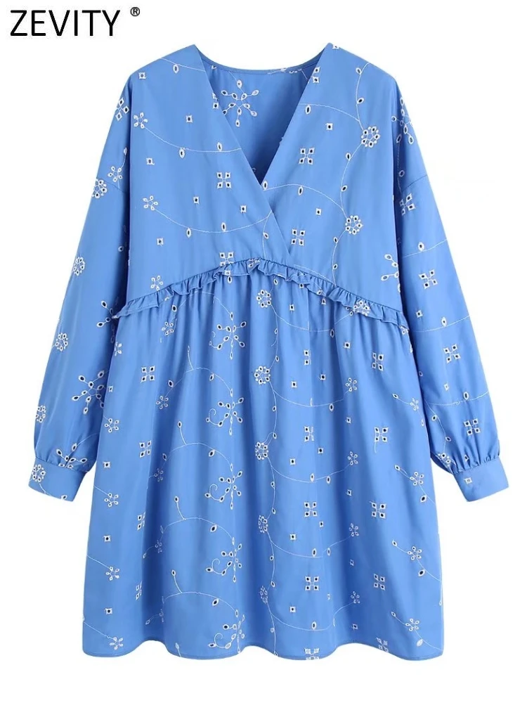 

Zevity Women Fashion V Neck Hollow Out Floral Embroidery Loose Mini Dress Lady Chic Agaric Lace Patchwork Party Vestidos DS357