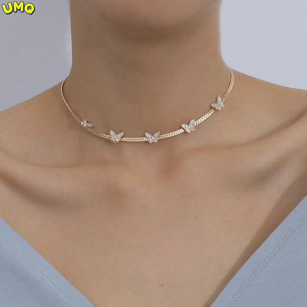 

Fashion jewelry Simple Flat Chain Necklace Collarbone Chain Temperament Diamond Inlaid Butterfly Necklace Chokergifts for Women