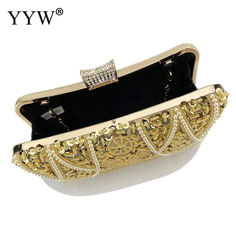 Fashion Floar Geometric Pattern Sequins Women Evening Handbag PU Leather Back Surface Pearl Diamond Clutch Bag Lady Chain Purse