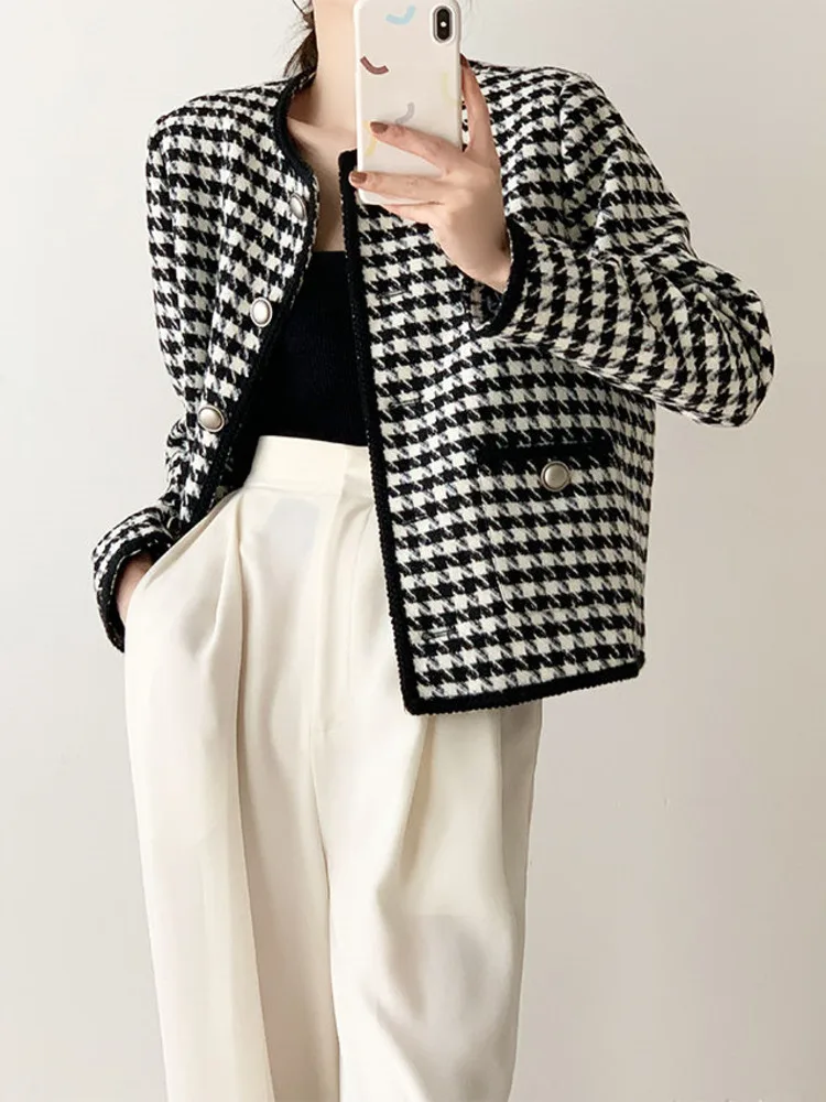 

Small Fragrance Tweed Coat Autumn Long Sleeve O-Neck Houndstooth Jacket Korean Fashion Elegant Female Vintage Outerwear & Coats
