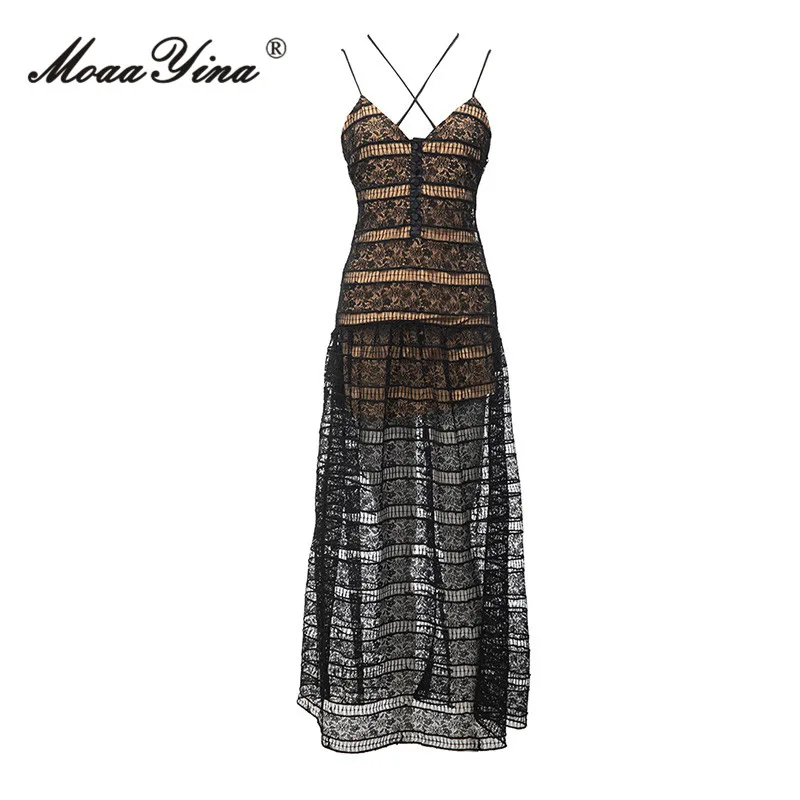 

MoaaYina, летнее модное дизайнерское винтажное сексуальное платье на бретельках, женское платье с v-образным вырезом, открытыми плечами и открытой спиной, кружевное открытое длинное платье