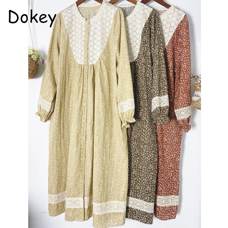 

Vintage Patchwork Cotton Linen Floral Dress Women Autumn O-neck Hollow Out Long Sleeve Dress Japanese Mori Girl Loose Midi Dress