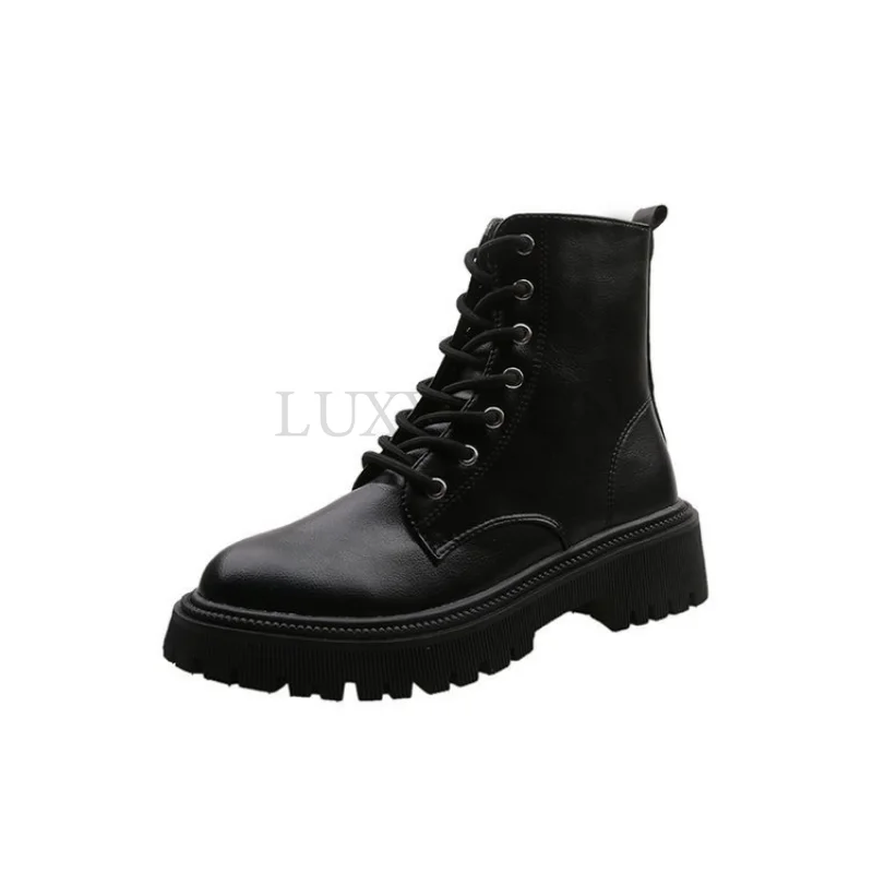 

Women Winter Boots Heel Flat Bottom High Motorcycle Wedge Platform PU Leather Lace Up Black Fashionable Shoes The New Listing