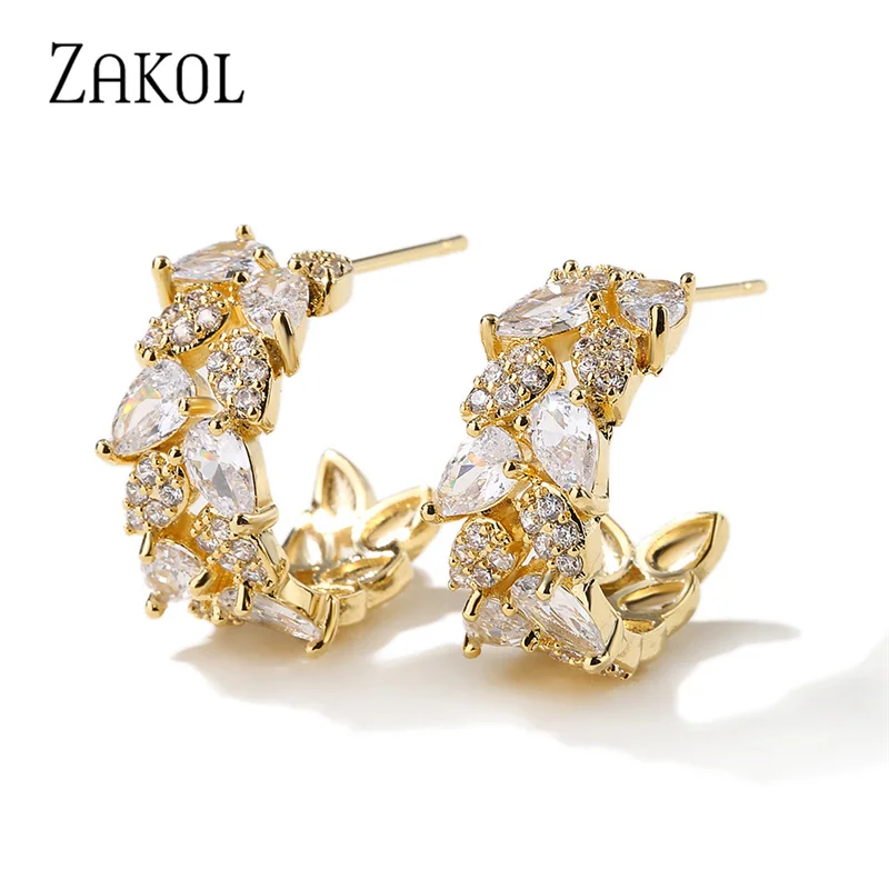 

ZAKOL Fashion Leaf Cubic Zirconia Semicircle Hoop Earrings for Women Elegant Party Everyday Accessories Wholesale EP2399