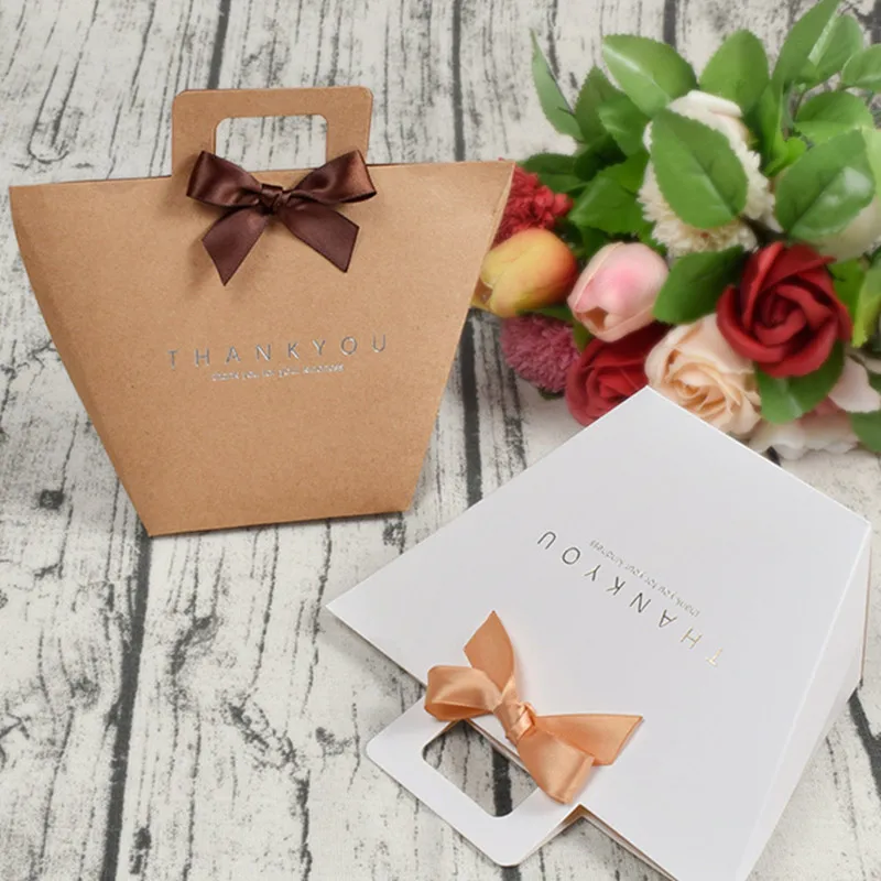 

5pcs White Kraft Thank You Gift Packaging Candy Paper Bag Wedding Dragee Gift Box Baby Shower Chocolate Paper Bags with Handle