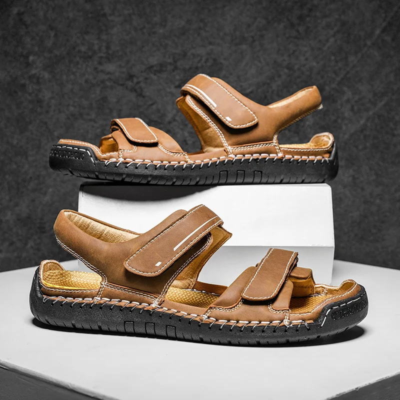 Summer Men's Gladiator Hiking Sandals Rome Outdoor Classic Leather Platform Fashion Non-slip Hiking Beach Shoes Size 38-48