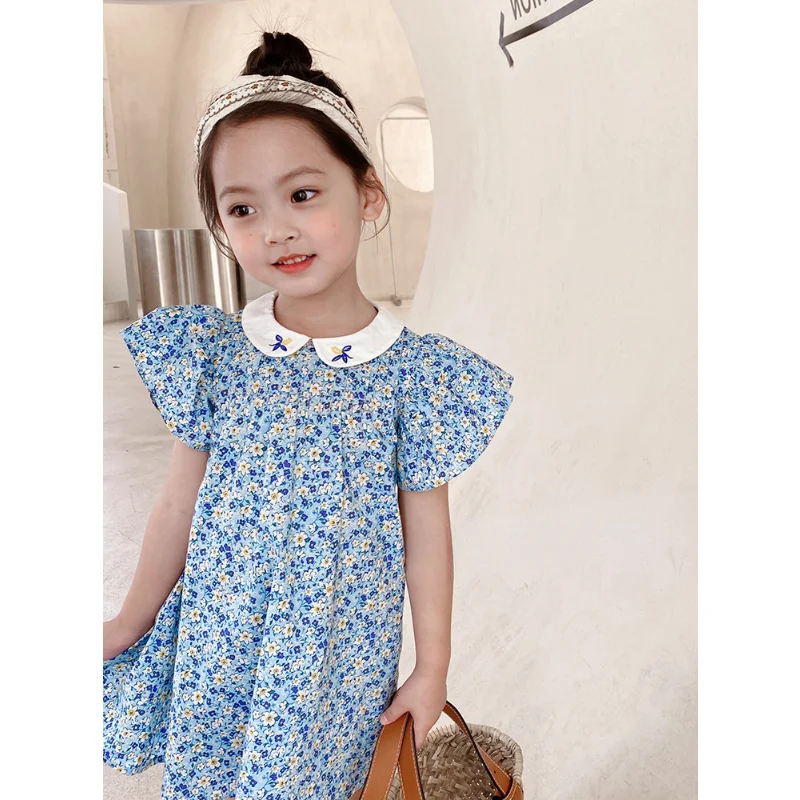 

Toddler Baby Girl's Blue Floral Dress Kids Cute Puff Short Sleeve Dresses for Girls Casual Dress Children Girl Clothing 2-10Y