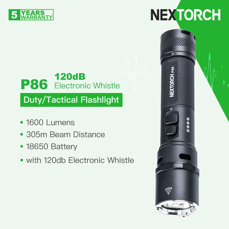 Фото Тактический фонарь Nextorch P86 с электронным свистком 120 дБ, 1600 люмен, дальность луча 305 м, аккумулятор 18650, прямая зарядка №2