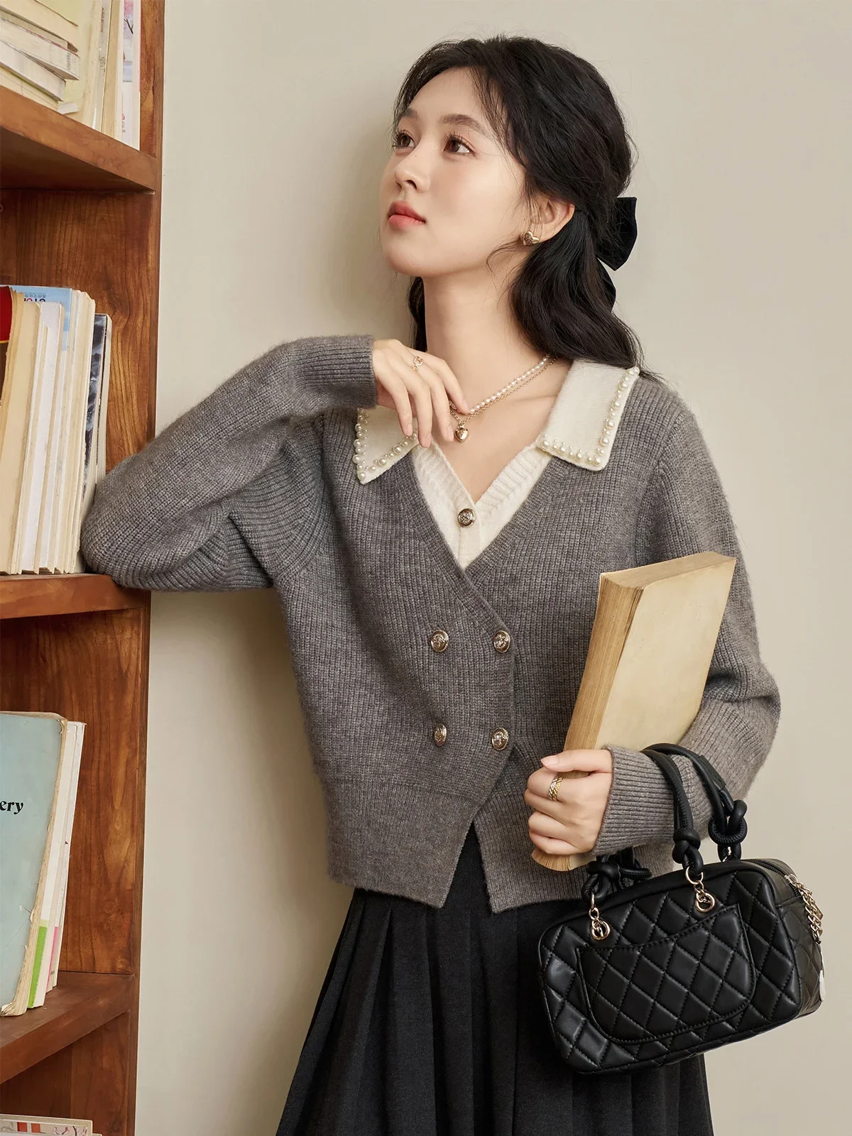 ALXNAN Серые вязаные кардиганы 2 в 1 женские свободные свитера с v-образным вырезом и