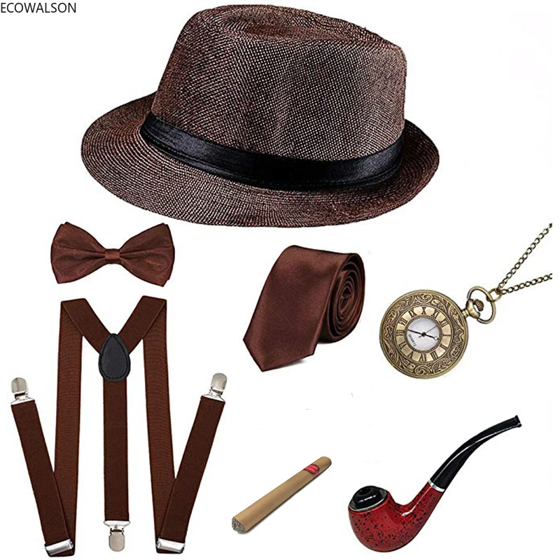 Ecoparty-Conjunto de gángster para hombre, sombrero, tirantes, corbata, reloj de cigarros, Gatsby, Retro, Hippie, Caballeros, Accesorios de disfraz, 1920s, 20s