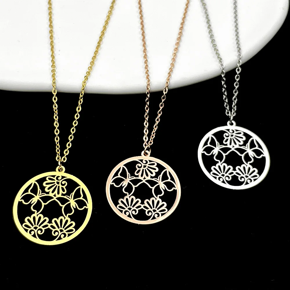 

Personalized Round Butterfly Pattern Pendant Men Necklace Stainless Steel Women Cross Chain Necklace Gold Jewelry Gift Wholesale