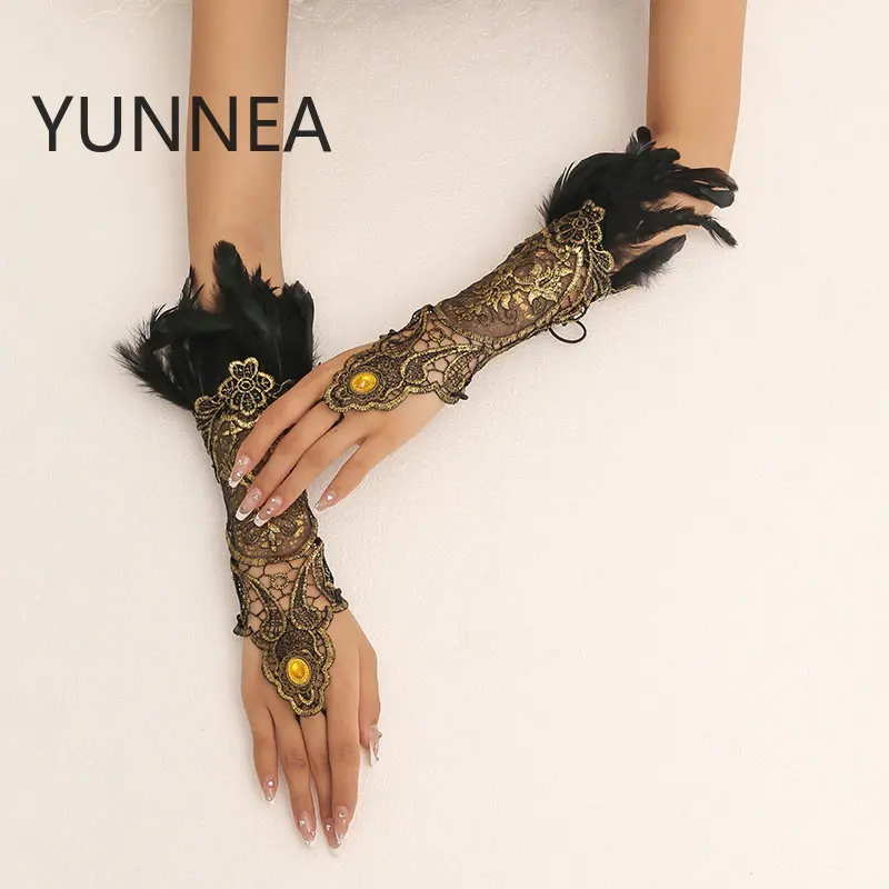 

2pcs Steampunk Lace Feather Wrist Cuffs Gothic Feather Gloves Stage Showgirl Brazil Carnival Rave Party Cosplay Latin Dance Wear