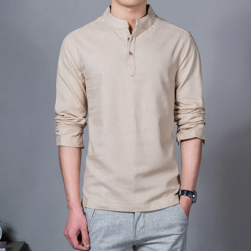 Mattswag Mens Cotton Linen Stand Collar Long Sleeve T Shirt Spring Autumn Solid Color Fashion Men's Clothing Casual Camisa Homme