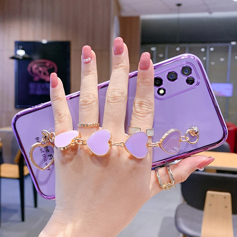 Love Heart Wrist Chain Phone Case For Samsung Galaxy A13 A32 A53 A73 A30 A53 A11 A31 A71 A52 A72 A21S S21 Plating Bumper Cover